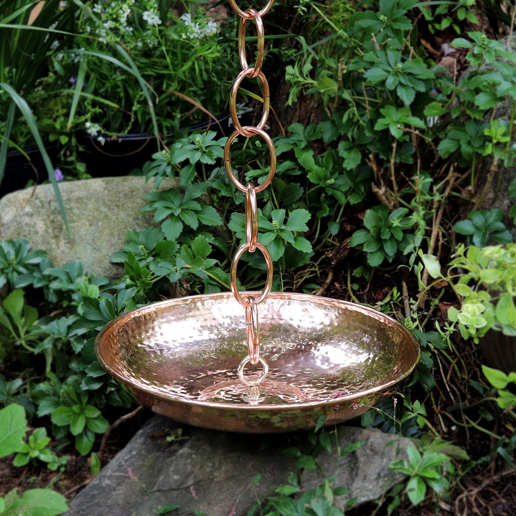 Good Directions copper rain chain basin, outside in the garden