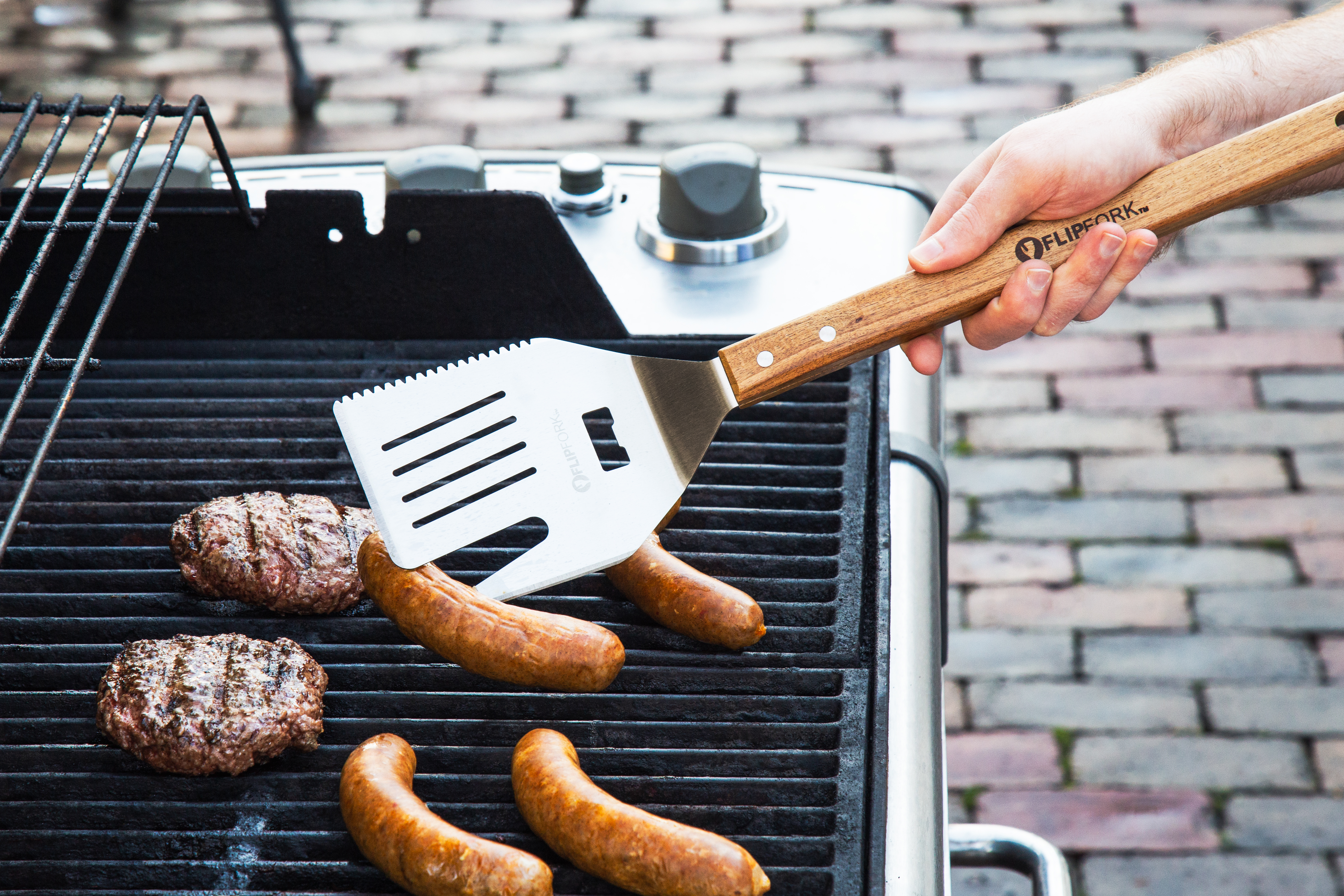 grilling burgers & sausages with MyFlipFork 5-in-1 grill spatula