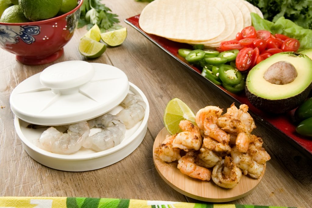 Shrimp are easily sliced in half thanks to Rapid Slicer, ready to make shrimp tacos with all the fixings