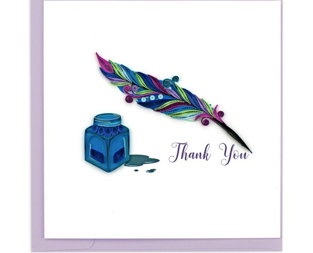 A quilled card with an actual quill on it that says 'Thank You' from Quilling Card