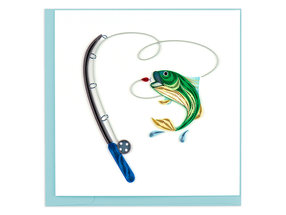 A handcrafted quilled card featuring a fish and fishing rod from Quilling Card