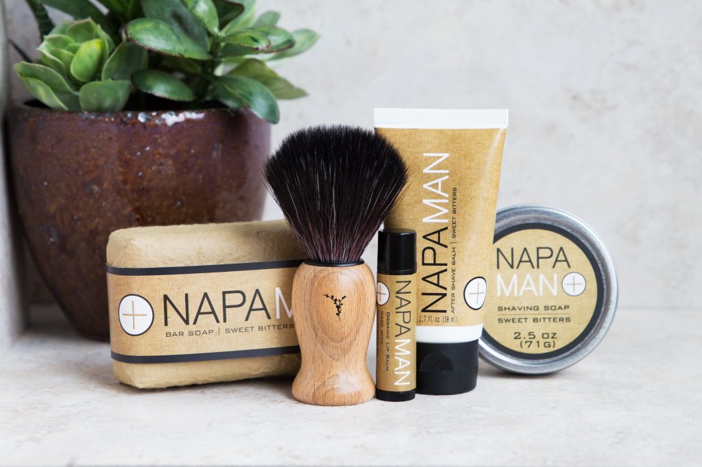 A shaving soap and aftershave gift set from Napa Soap Company is seen on a counter