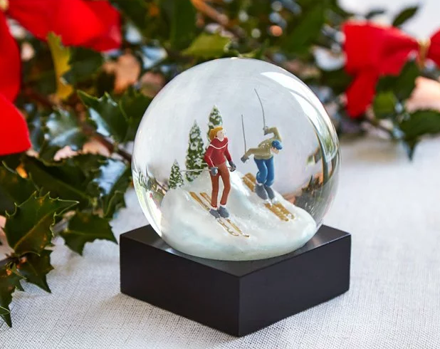 Skiers are seen skiing down a snowy mountain in a CoolSnowGlobes idyllic scene