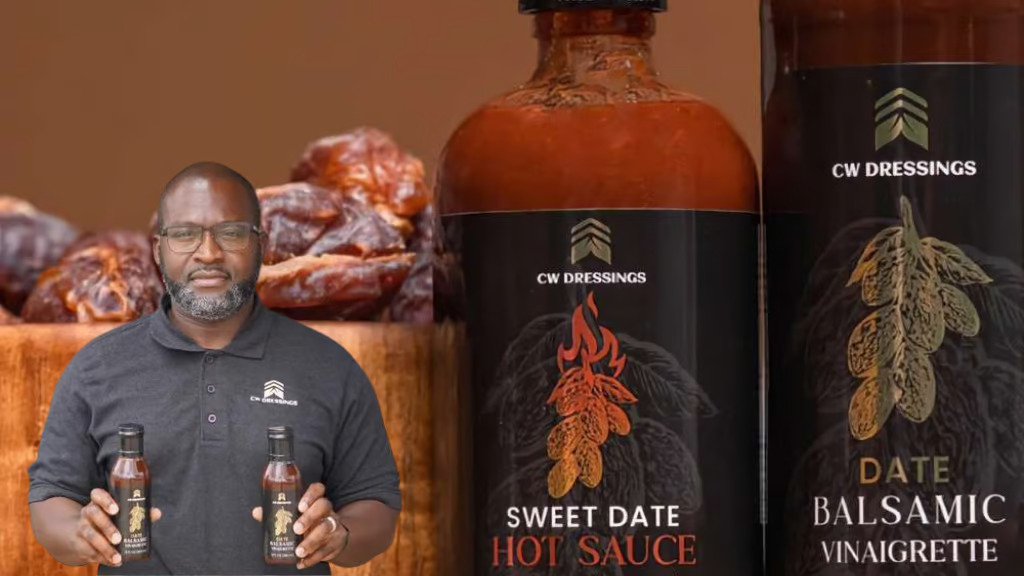 Chris from CW Dressings, Date Balsamic Vinaigrette and Sweet Date Hot Sauce variety pack.