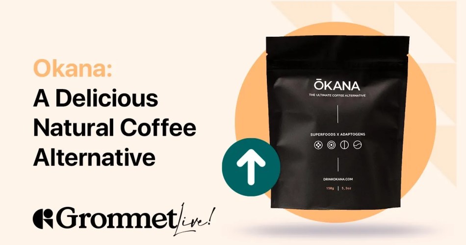 Banner image featuring Okana Coffee Alternative packet, highlighting the product's natural, energy-boosting ingredients with vibrant graphics and text detailing its health benefits.
