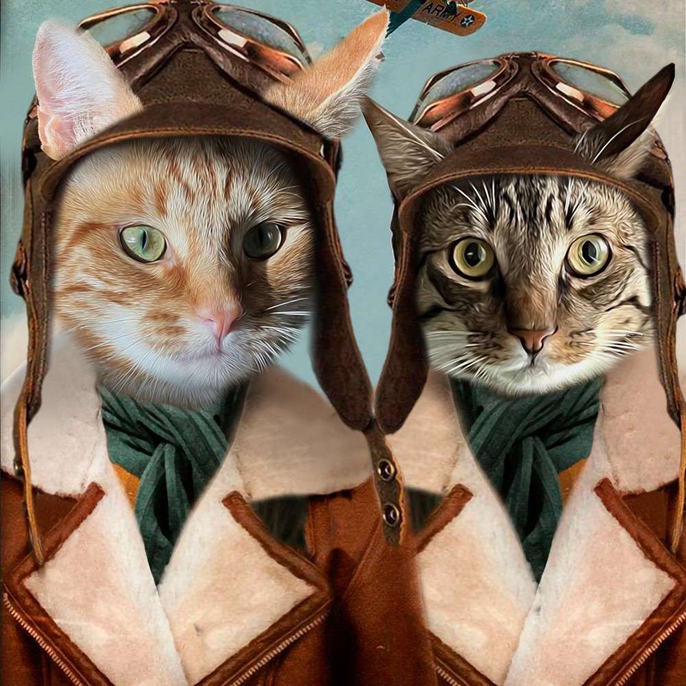 A painting of two cats dressed as old time pilots.